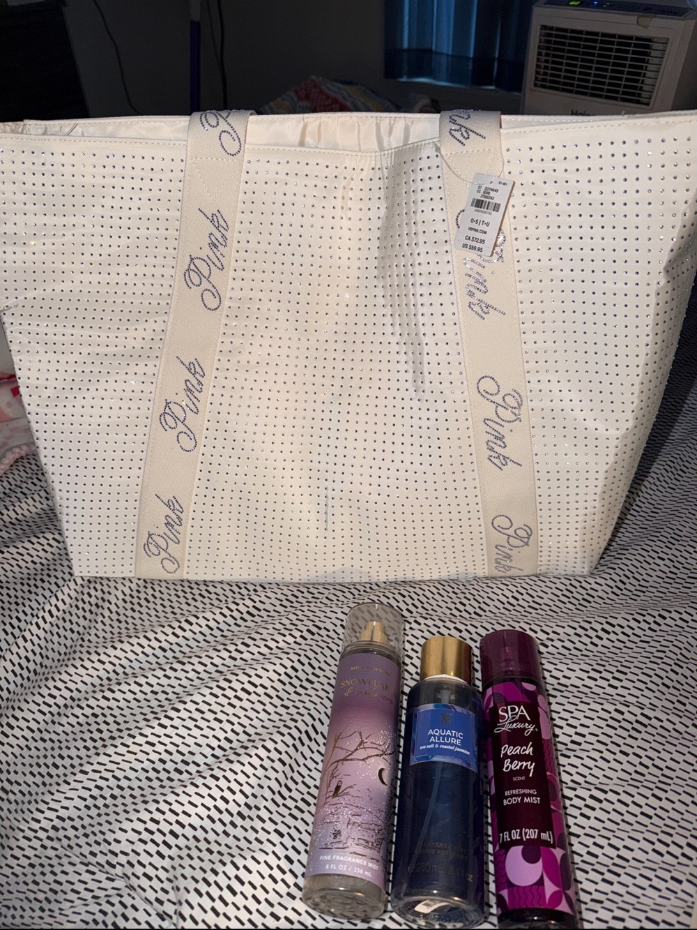 PINK Victoria's Secret Cream/White Perforated Tote with Logo Straps